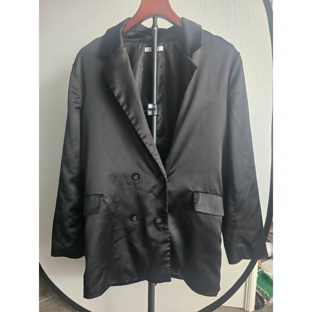 LECHE Black Satin Double Breasted‎ Blazer Dress Women's Size Oversized Medium